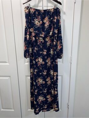 Off-Shoulder Navy Floral Maxi Dress with Long Sleeves
